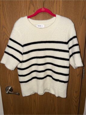 Bailey 44 Ivory Fuzzy Crewneck Sweater with Black Stripes Size XL